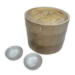 NEW 3 Tier Bamboo Steamer Basket Set with Lid & 2 Ceramic Soy Sauce Bowls in Box